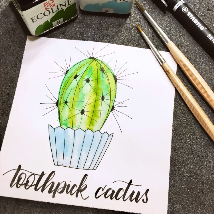 Aquarellkaktus mit Handlettering - toothpick cactus