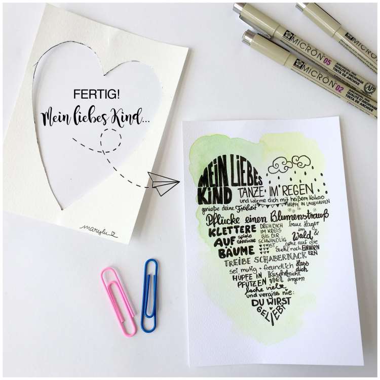 mein liebes Kind - Lettering mit vielen guten Wünschen in Herzform