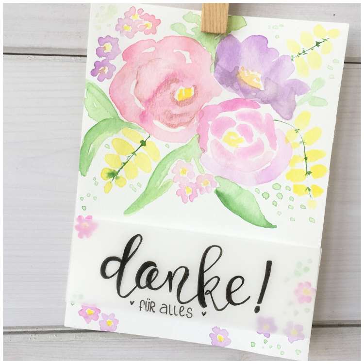 danke - Karte mit Handlettering und Aquarellblumen