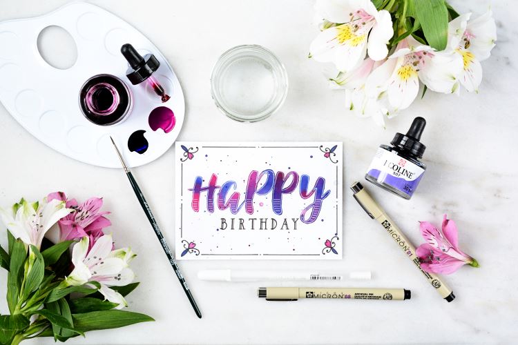 Happy Birthday - Geburtstagskarte in Pink und Violett mit Lettering
