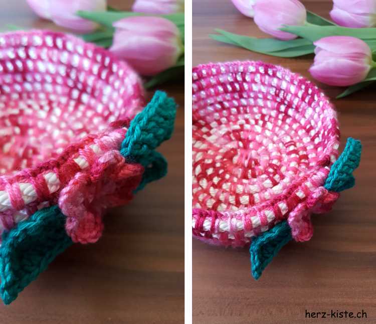 DIY Häkelkorb mit verschiedenfarbiger Wolle und einer Häkelblume