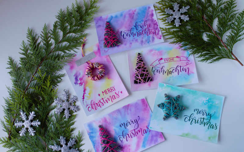 DIY Weihnachtskarten mit Handlettering und Tannenbäumen aus Wolle
