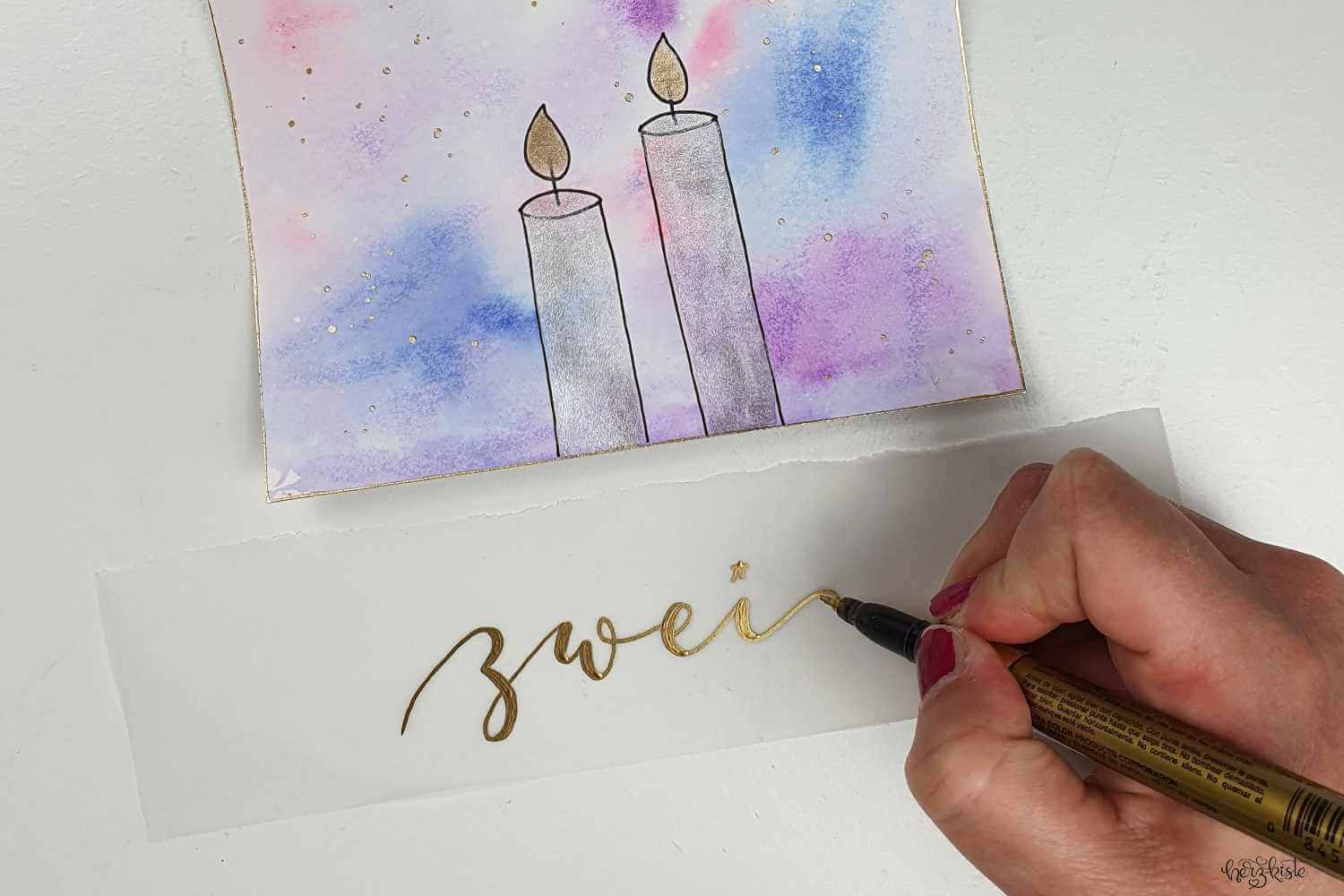 Lettering Zahl zwei für einen DIY Adventskranz gemalt und gelettert